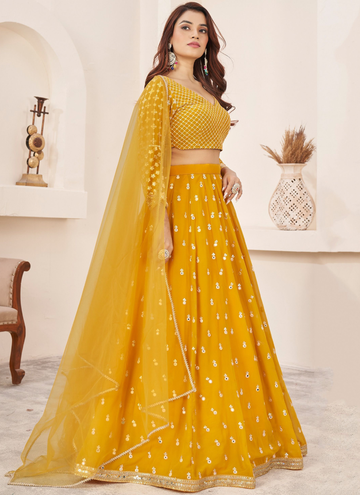 Georgette Thread Embroidery Work Yellow Haldi Lehenga Choli
